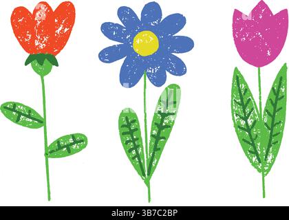 Buntstift Blumen Vektor Illustration. Pastellfarben und Buntstift handgezeichnet Kindergemälde auf weißem Hintergrund. Niedliche Gänseblümchenpflanzen. Kinder blumig Stock Vektor