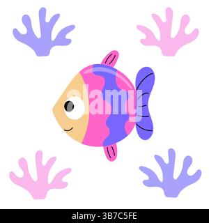 Violette tropische Fische mit Korallen. Exotischer Fisch mit süßem Gesicht Stock Vektor