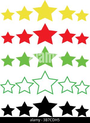 Bewertungsvorlage für 5-Sterne-Bewertungen mit transparentem Hintergrund. Set von Feedback-Symbolen mit fünf Sternen in vier verschiedenen Stilen: Kontur, Schwarz, Gold, Stock Vektor