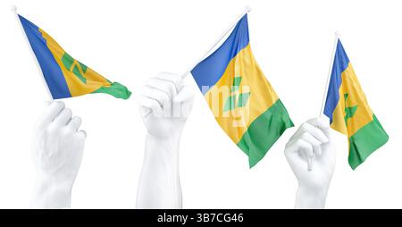 Handflagge von St. Vincent und den Grenadinen. Isoliertes 3D-Rendering. Stockfoto