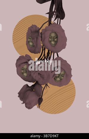 Skizze Bild Trend Artwork Montage Foto Collage der Blüte Pflanze botanische Natur Jahreszeit Karikatur afrikanische Frau Gesicht erscheinen Rose Blume Stockfoto