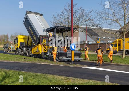 Straßenarbeiter in orangefarbenen Uniformen betreiben an einem sonnigen Tag einen Asphaltfertiger und einen Lkw und legen mit Teamwork und Precisio in einem städtischen Gebiet neue Pflaster Stockfoto