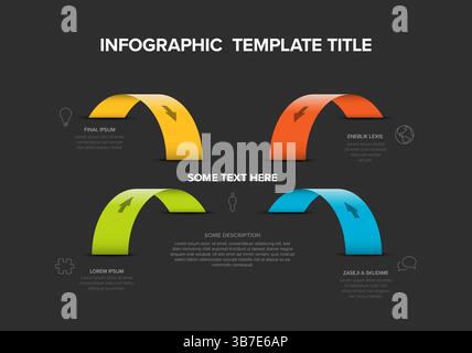 Moderne Infografik-Vorlage mit dunklem Hintergrund und vier gebogenen Pfeilen für 4 Stufen. Infografik-Vorlage eignet sich hervorragend für Präsentationen Stock Vektor