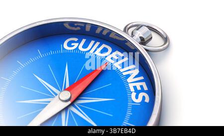 Die Kompassnadel zeigt auf die Leitlinien Stockfoto