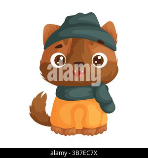 Niedliche braune Karikaturkatze, die ein gemütliches Winteroutfit mit Hut und Schal trägt und glücklich auf weißem Hintergrund sitzt. Perfekt für Designs. Niedlicher Cartoon Stock Vektor