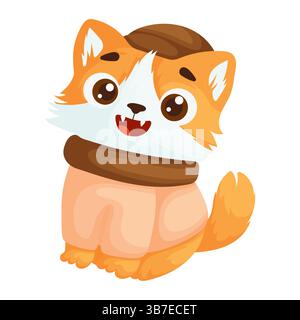 Niedliche orangene Karikaturkatze in einem gemütlichen Outfit mit Hut und Schal, glücklich auf weißem Hintergrund. Perfekt für Designs. Entzückende Cartoon Katze i Stock Vektor