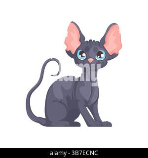 Bezaubernde Zeichentrickillustration einer schwarzen haarlosen Sphynx-Katze, die mit einem neugierigen Ausdruck sitzt, mit großen blauen Augen und rosa Ohren. Cartoon Schwarz Stock Vektor
