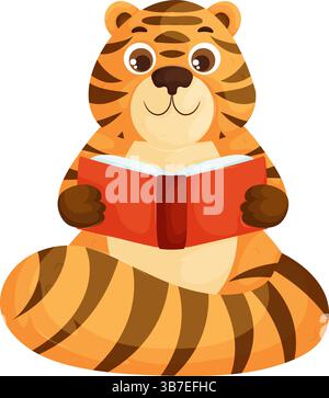 Niedlicher Tiger im Cartoon-Stil, der ein rotes Buch in der Hand hält und liest, symbolisiert Intelligenz, Neugier und Lernen, isoliert auf weiß. Stock Vektor