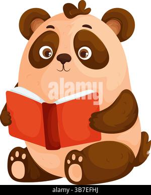 Ein entzückender Panda im Cartoon-Stil sitzt und liest ein rotes Buch, das Intelligenz, Neugier und Lernen symbolisiert, isoliert auf weiß. Stock Vektor