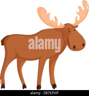 Entzückender Cartoon Elch, der mit großen Geweihen und einem freundlichen Ausdruck steht. Lustige und verspielte Tierillustration für Kinder und Naturmotive. Stock Vektor