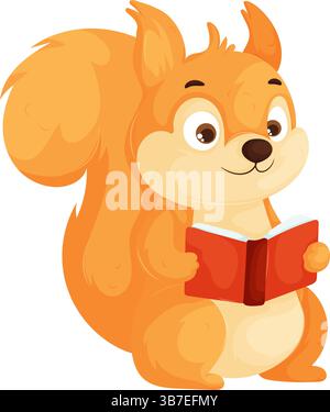Niedliches Zeichentrickhörnchen, das ein offenes rotes Buch hält und fokussiert und glücklich wirkt. Lustige, lehrreiche und verspielte Tierfiguren-Illustration. Stock Vektor
