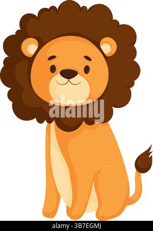 Entzückender Cartoon-Löwe, der mit einer großen, flauschigen Mähne sitzt und freundlich und glücklich aussieht. Lustige Tierillustration für Kinder und Tiermotive. Stock Vektor