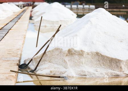 Traditionelle Salzernte in Küstensalzpfannen. Die Arbeiter sammeln von Hand Meersalz, das durch Sonnenverdunstung gebildet wird, und erzeugen dabei markantes weißes Salz. Stockfoto