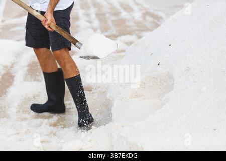 Traditionelle Salzernte in Küstensalzpfannen. Die Arbeiter sammeln von Hand Meersalz, das durch Sonnenverdunstung gebildet wird, und erzeugen dabei markantes weißes Salz. Stockfoto