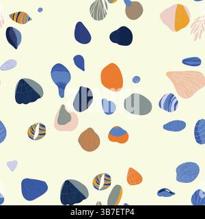 Farbenfrohe Muscheln auf hellgelbem Hintergrund schaffen maritimes Muster, das die luftige Sommerästhetik für Designprojekte einfängt Stock Vektor
