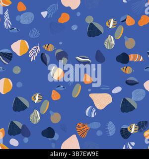 Nahtloses Muster mit farbenfrohen Muscheln und Kieselsteinen auf blauem Hintergrund für eine Unterwasserszene für sommerliche Designs. Vektorabbildung Stock Vektor