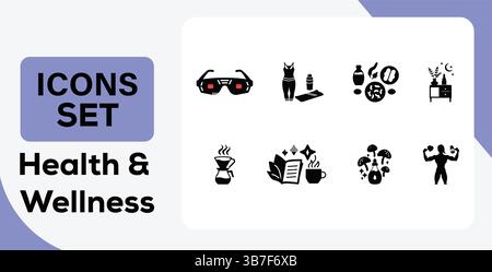 Biohacking-Symbolsatz – Wellness, Fitness, Nahrungsergänzungsmittel, intelligente Gadgets und Vektoren zur Lifestyle-Optimierung Stock Vektor