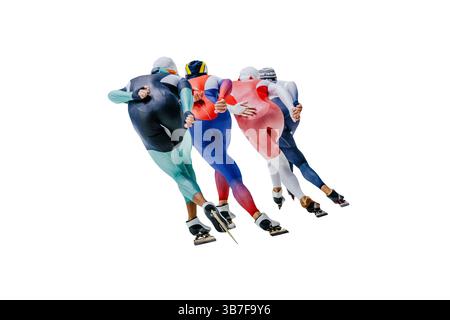 Training von Speed Skating Gruppensportlern, ausgeschnitten auf weißem Hintergrund Stockfoto