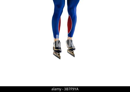 Beine männlicher Speedskater in blauem Hautanzug, ausgeschnitten auf weißem Hintergrund Stockfoto