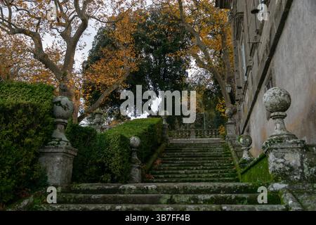 Alte moosbedeckte Steintreppe mit Herbstlaub in der Villa Lante, Italien Stockfoto