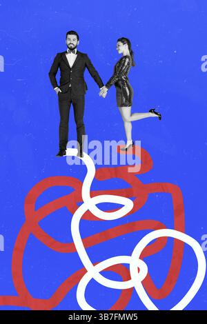 Trendkunstwerk Composite Banner 3D-Fotocollage von jungen Gentleman Lady Style Paar stehen Hand halten Linie Weg Route Datum Bonding. Stockfoto