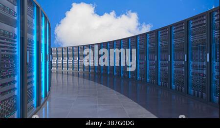 Moderner Serverraum, der Cloud-Computing-Dienste mit blauem Licht 3D bietet Stockfoto