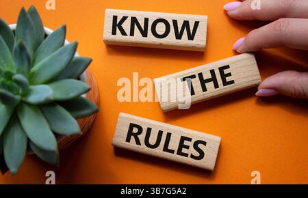 Kennen Sie das Regelsymbol. Holzblöcke mit Worten kennen die Regeln. Schöner oranger Hintergrund mit saftiger Pflanze. Geschäftsmann Hand. Business und Know-how Stockfoto