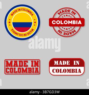 Set mit vier Stempeln mit Flagge, hergestellt in Kolumbien Stock Vektor