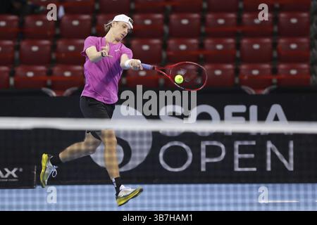 Sofia, Bulgarien - 10. November 2020: Kanadier Denis Shapovalov im Kampf gegen den Radu Albot der Republik Moldau während der ATP 250 Sofia Open, Sofia, Bulgarien, Stockfoto