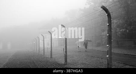 Umgebauter Zaun mit Menschen im Nebel im Konzentrationslager Buchenwald, heute Konzentrationslager, Weimar, Thüringen, Deutschland, EUR Stockfoto