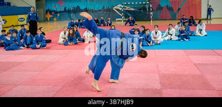Zrenjanin, Vojvodina, Serbien - 27. April 2025: Seminar des echten Aikido im Kampfsportverein 'Real Aikido Zrenjanin 1995', Studenten werden demonstriert l Stockfoto
