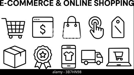 E-Commerce- und Online-Shopping-Symbole Set Vektor – Warenkorb, Zahlung, Lieferung, Mobile App, Paket Stock Vektor