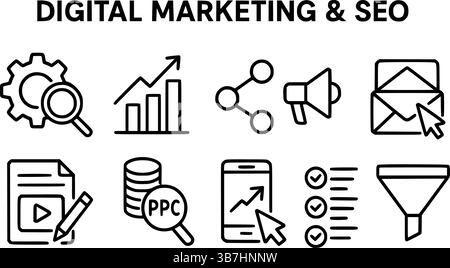 Digital Marketing & SEO Line Icons Set – Strategie, PPC, E-Mail, soziale Medien, Analytics Stock Vektor