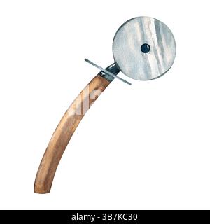 Rundes Pizzamesser mit Holzgriff und Stahlklinge. Küchenmesser. Für Kruste, Kuchen, Teig. Aquarell isolierte Illustration handgezeichnet. Zum Drucken Stockfoto