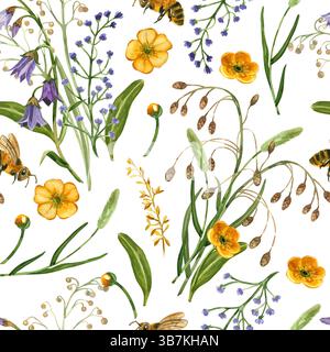 Wilde Blumen, Blumensträuße von Wiesenblumen, gelbe Schmetterlinge, Blätter und Getreidepflanzen. Nahtloses Aquarellmuster. Alle Objekte werden mit handgezeichnet Stockfoto