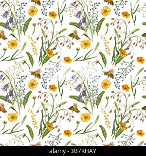 Wilde Blumen, Blumensträuße von Wiesenblumen, gelbe Schmetterlinge, Blätter und Getreidepflanzen. Nahtloses Aquarellmuster. Alle Objekte werden mit handgezeichnet Stockfoto