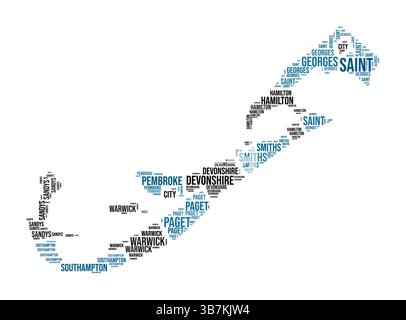 Bermuda Word Cloud. Länderform mit Gebietseinteilung. Bermuda-Typografie-Bild. Bereichsnamen kennzeichnen Wolken. Vektorabbildung. Stock Vektor