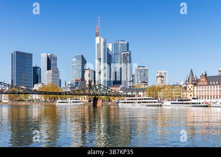 Frankfurter Skyline-Wolkenkratzer mit Ufer am Main mit Ausflugsbooten in Frankfurt, Deutschland Stockfoto