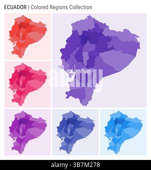 Ecuador Kartensammlung. Länderform mit farbigen Regionen. Tiefviolett, rot, rosa, lila, Indigo, blaue Farbpaletten. Stock Vektor