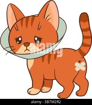 Traurige orangene Tabby-Katze mit Kegelkragen nach Sterilisationsoperation. Chibi Flat-Stil mit klarem, schlichtem Design. Für Tierarzt- und Kinderinhalte, Blogs zur Tierpflege, Karten, Aufkleber, T-Shirts, Poster Stock Vektor