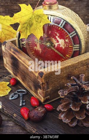 Alte Uhr hängt auf gefallenem Ahornblatt im Herbststil Stockfoto