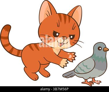 Eine schelmische rote Tabbykatze fängt eine graue Taube. Chibi Ingwerkitten im flachen Stil, schlichtes Design. Für Kinderbücher, Story Illustrationen, Grußkarten, Aufkleber, T-Shirts, Becher und Poster Stock Vektor