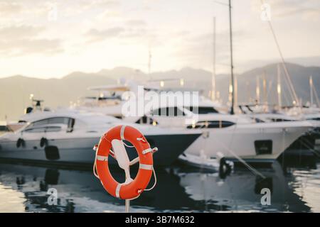 Rettungsschwimmer im Yachthafen für Yachten. Roter Kreis auf dem Bootssteg. Porto Montenegro, Montenegro, Europa Stockfoto