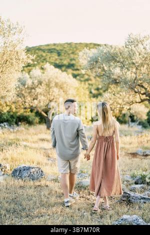 Mann und Frau gehen Hand durch einen grünen Garten und schauen sich gegenseitig an. Rückansicht. Stockfoto