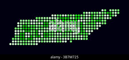 Tennessee gepunktete Karte. Digitale Karte des Status auf dunklem Hintergrund. Tennessee-Form mit kreisförmigen Punkten. Farbige Punkte. Große Kreise. Stock Vektor