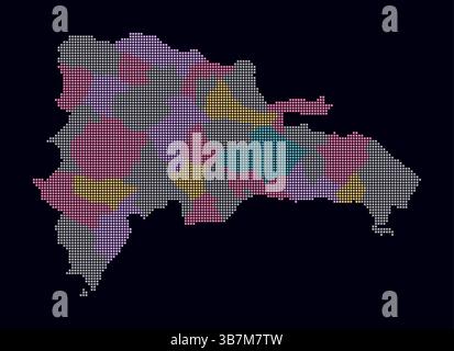 Gepunktete Karte der Dominikanischen Republik. Digitale Landkarte des Landes auf dunklem Hintergrund. Dominikanische Republik mit quadratischen Punkten. Farbige Punkte. Stock Vektor