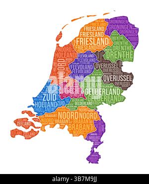 Niederlande Form. Country Wortwolke mit Bereichsbereich. Farbige Darstellung der Niederlande. Bereichsnamen Cloud. Vektorabbildung. Stock Vektor