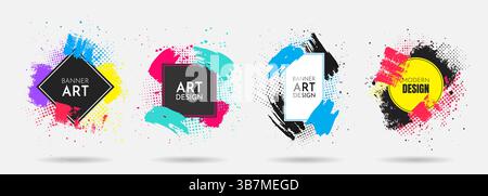 Vektorabbildung. Moderne Kunstgrafiken. Dynamischer Rahmen. Pinsel Pinsel mit Farbschmierstoff mit Rasterpunkten. Element für Einladung zu Designereignissen, Geschenkkarte Stock Vektor