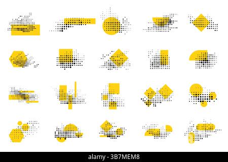 Vektorabbildung. Einfache geometrische Halbtonpunkte mit gelben minimalistischen Formen. Bündel mit gepunkteten flachen Designelementen für Poster, Webbanner und Anzeigen Stock Vektor