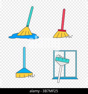Vektorabbildung. Flaches Design mit minimalistischem Symbol. 4 Farbsymbole im Clean-up-Design. Reinigungskonzept. Designelement für Webbanner. Isolierter Mopp Stock Vektor